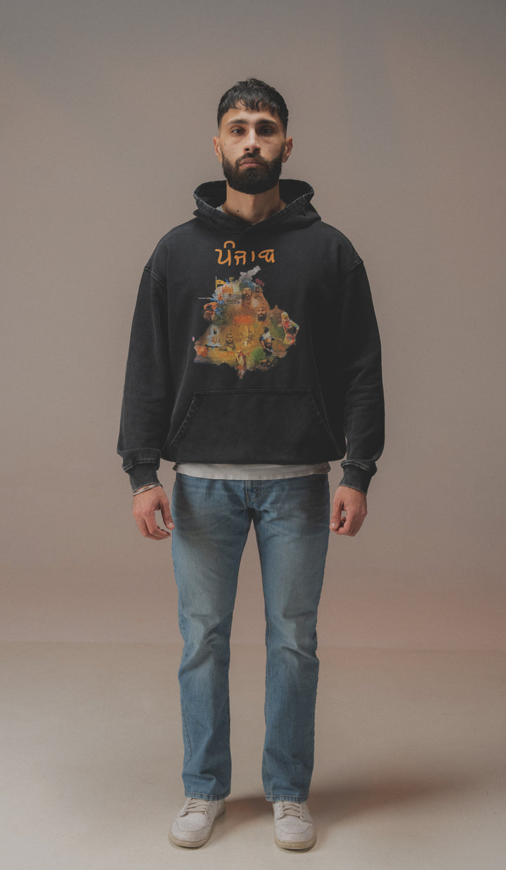 PUNJAB MAP OVERSIZE FADED BLACK HOODIE