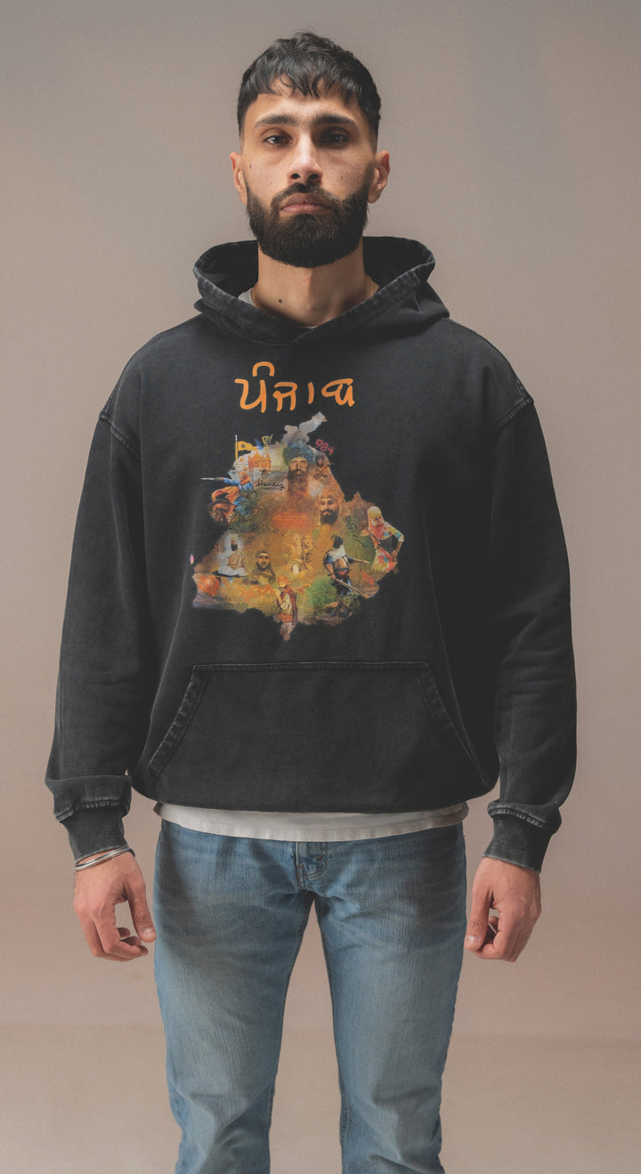 PUNJAB MAP OVERSIZE FADED BLACK HOODIE