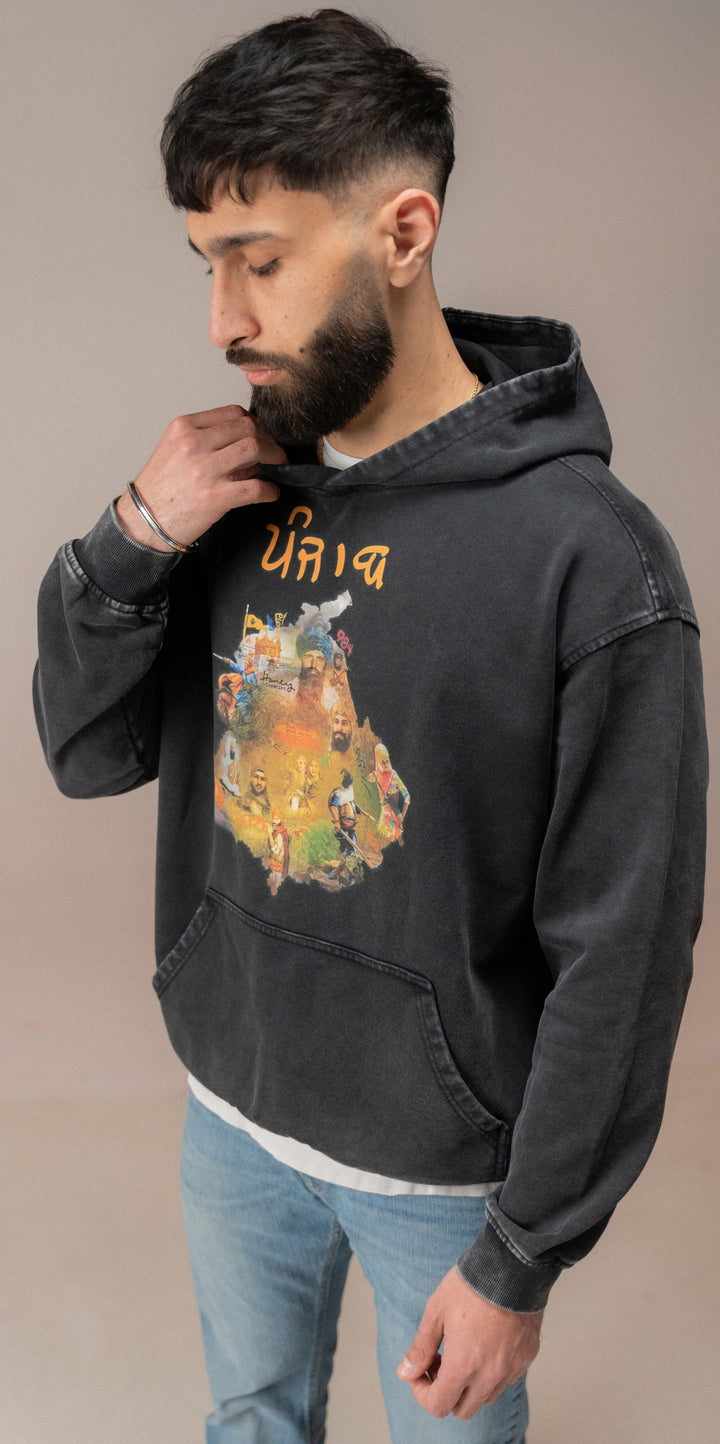 PUNJAB MAP OVERSIZE FADED BLACK HOODIE