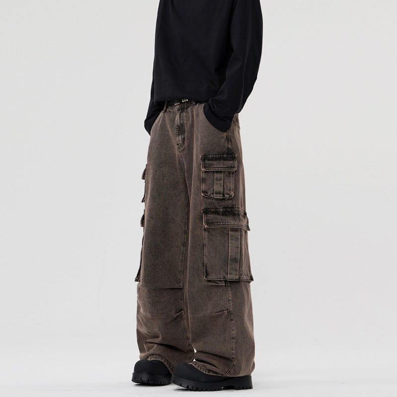 MULTI POCKET LOOSE OVERSIZED BROWN DENIM