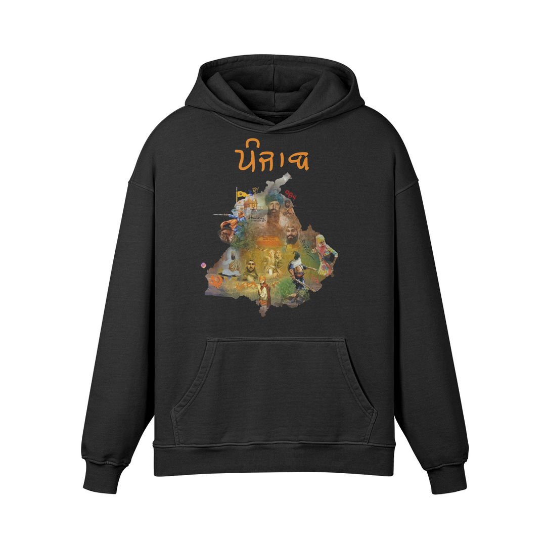 PUNJAB MAP OVERSIZE FADED BLACK HOODIE